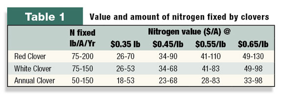Value and amount of nitrogen fixed by clovers