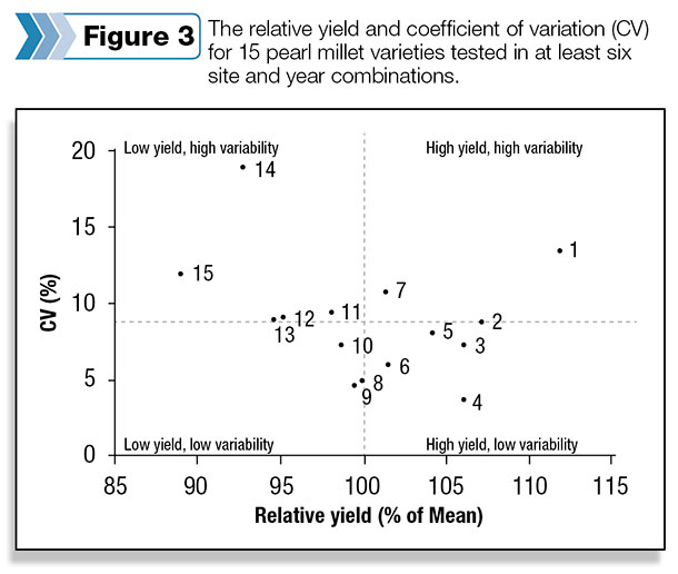 Relative yield and CV 15 pearl millet