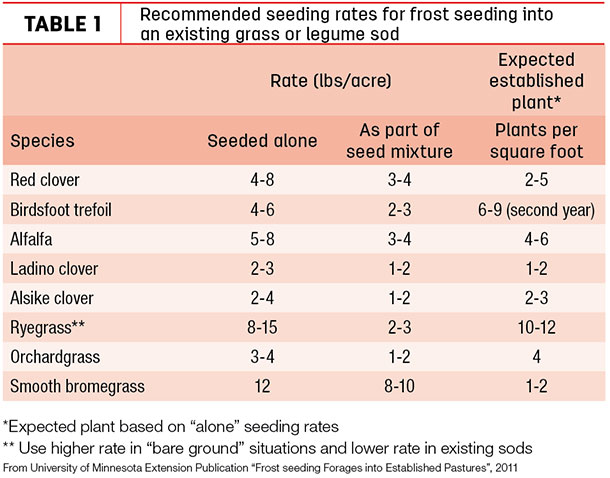 Recommended seeding rates for frost seeding into an existing frass or legume sod