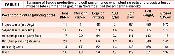 Summary of forage productiona nd calf performance when planting oats and brassica-based mixes