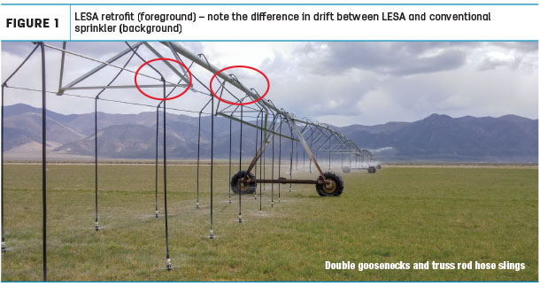 LESA tetrofit (foreground) - note the difference in drift between LESA and conventional sprinkler (background)