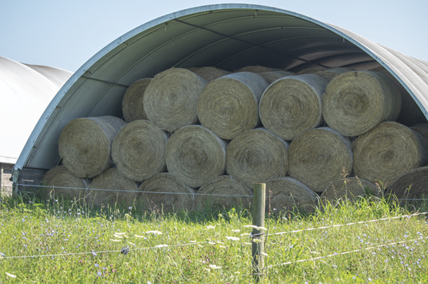 Hay is stored in a hoop barn